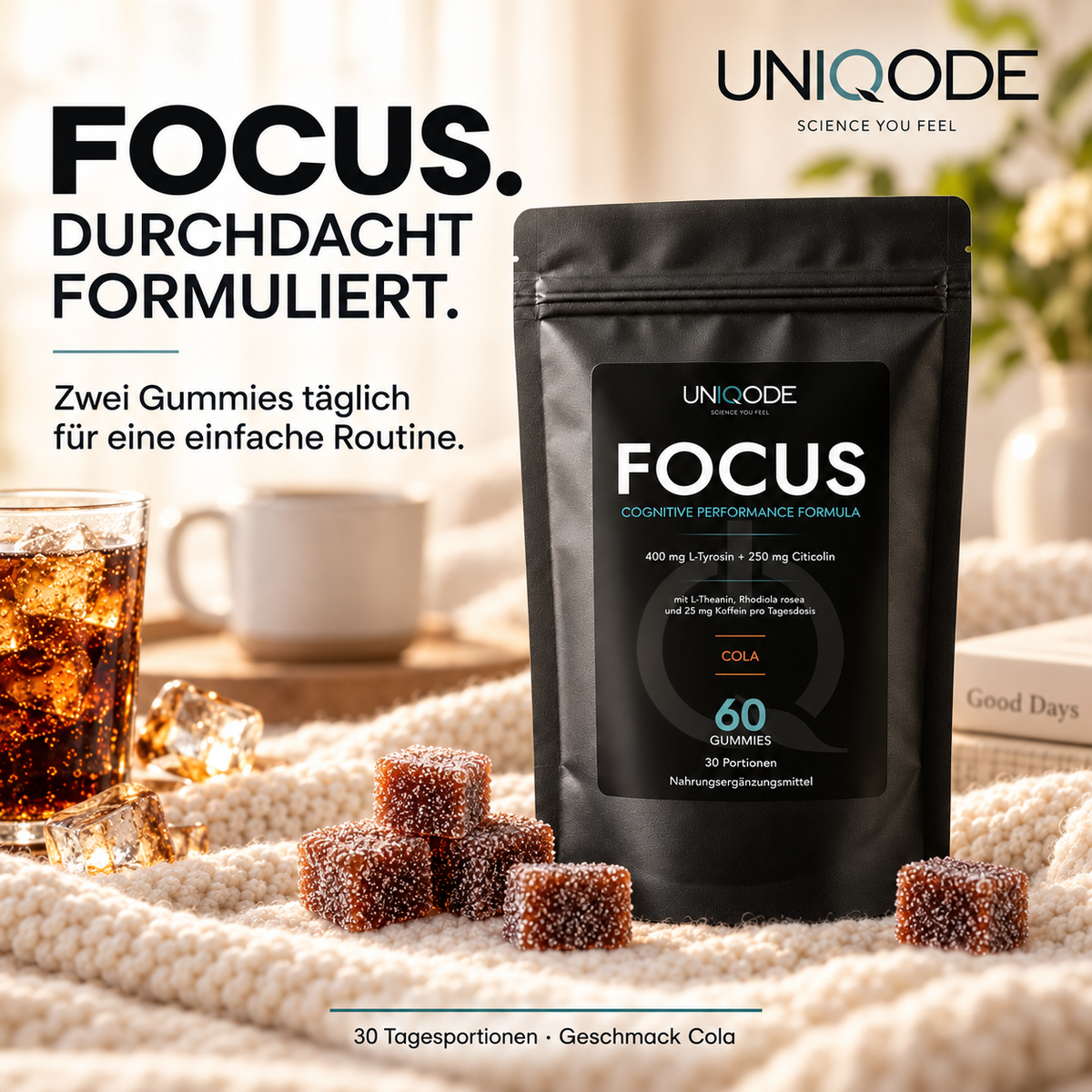 UNIQODE FOCUS Cola – 60 Gummies, 30 Tagesportionen