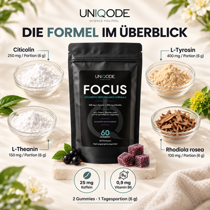 UNIQODE FOCUS – sechs Inhaltsstoffe mit Mengen pro Tagesportion von zwei Gummies