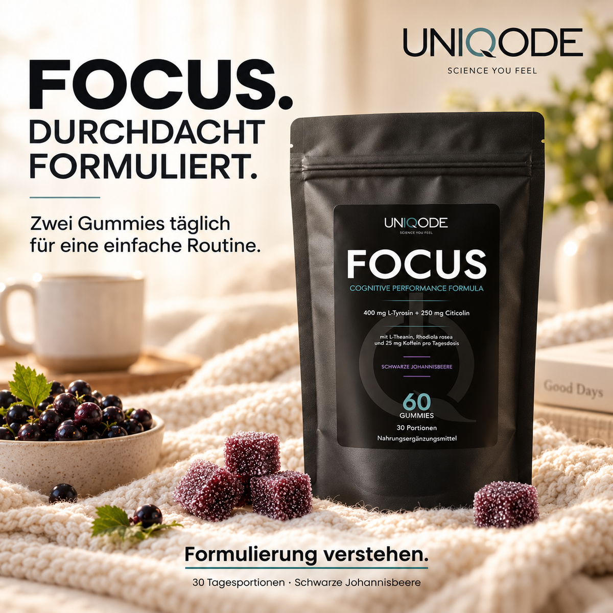 UNIQODE FOCUS Schwarze Johannisbeere – 60 Gummies, 30 Tagesportionen